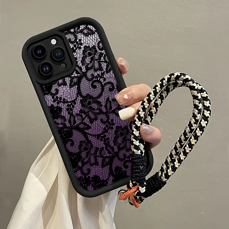 Phone Cases With Loop - جراب هاتف أسود بنفسجي من الدانتيل